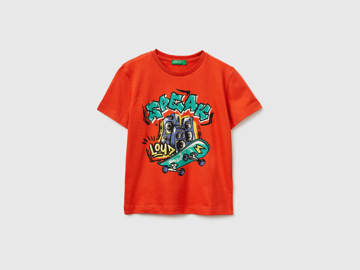 Benetton Red Boys Crew Neck T-Shirt with Print SKU: 3I1XG10MA_34Y Image 01