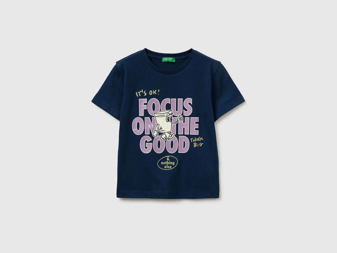 Benetton Dark Blue Boys Crew Neck T-Shirt with Print SKU: 3I1XG10MA_37T Image 01