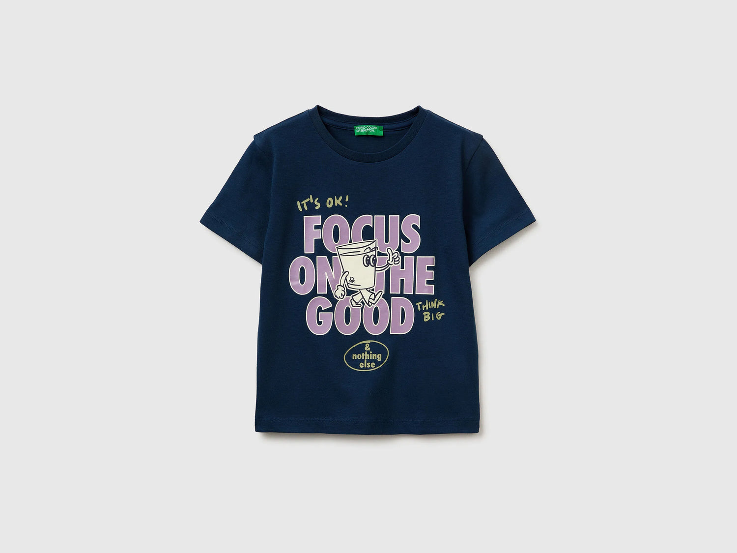 Benetton Dark Blue Boys Crew Neck T-Shirt with Print SKU: 3I1XG10MA_37T Image 01