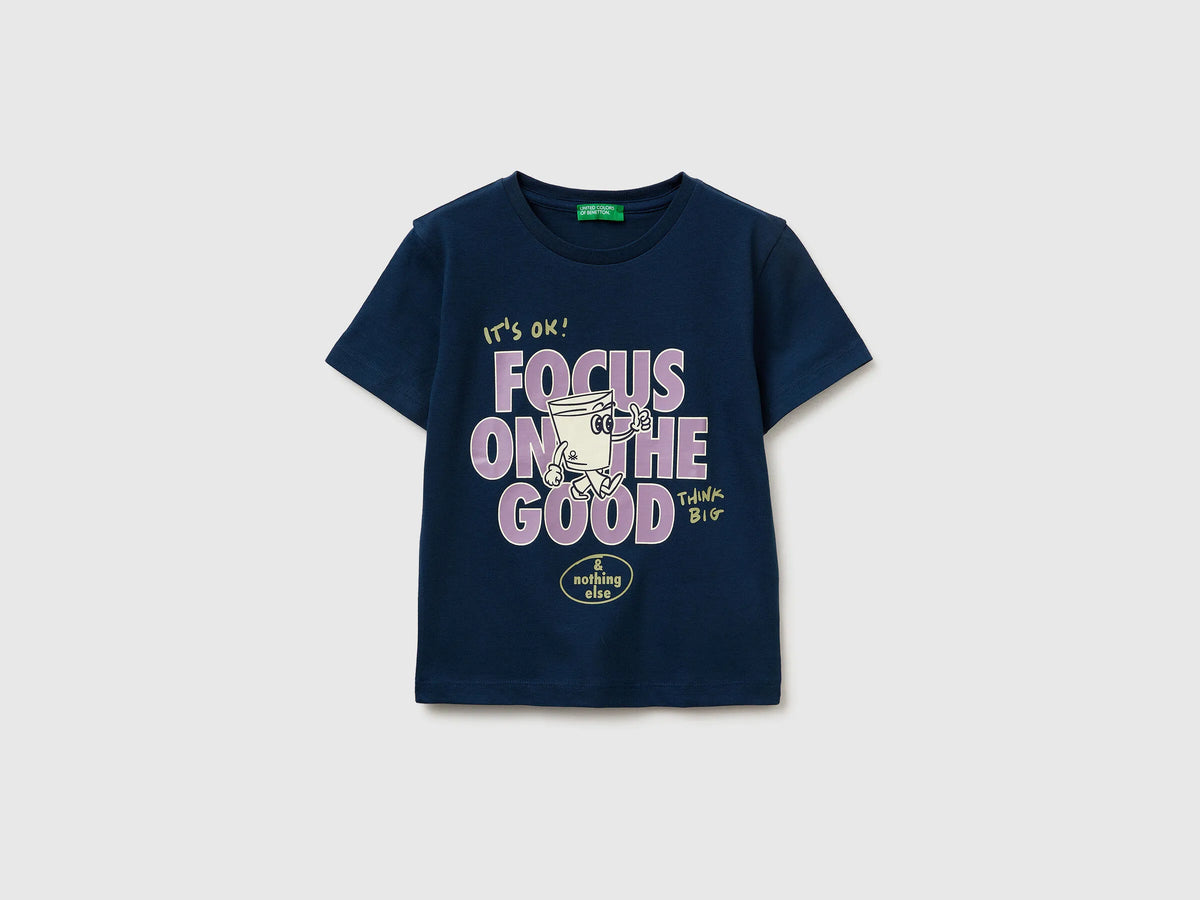 Benetton Dark Blue Boys Crew Neck T-Shirt with Print SKU: 3I1XG10MA_37T Image 01