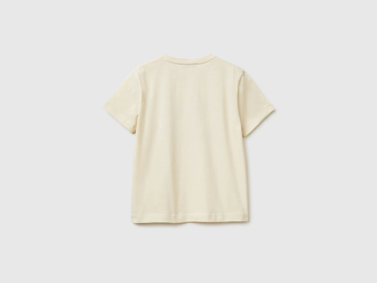 Benetton Creamy White Boys Crew Neck T-Shirt with Print SKU: 3I1XG10MA_3C9 Image 02