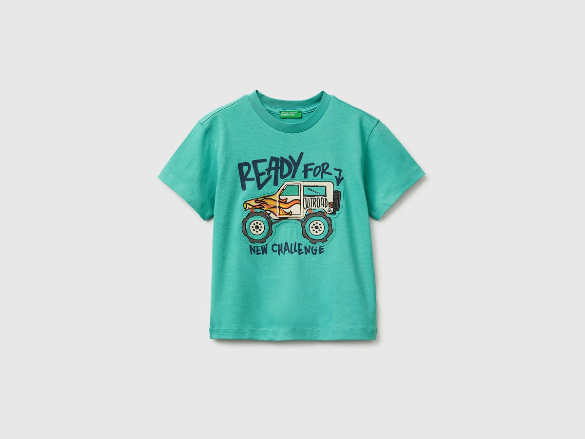 Benetton Aqua Boys T-Shirt with Print and Application SKU: 3I1XG10MF_08N Image 01