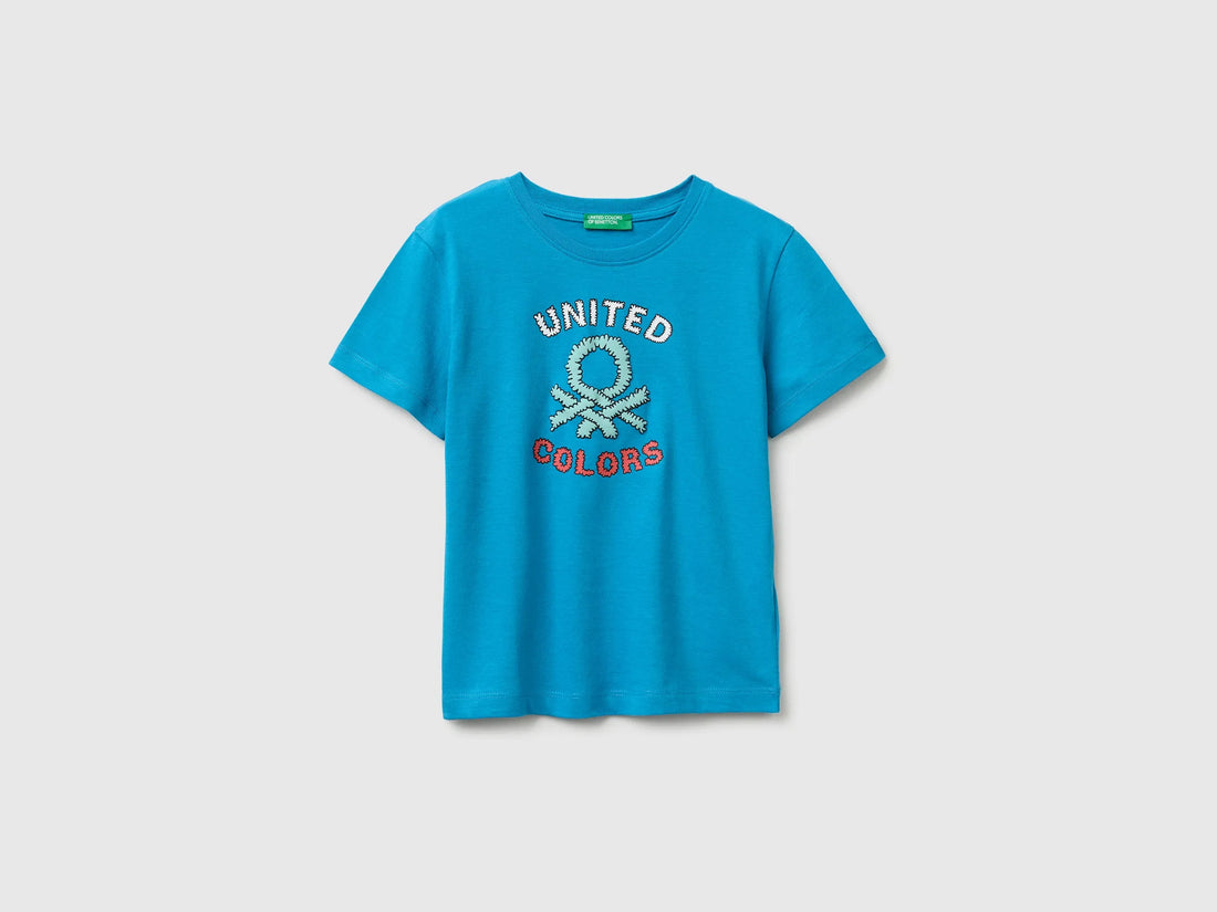 Benetton Blue Boys Organic Cotton T-Shirt with Logo Print SKU: 3I1XG10MX_051 Image 01