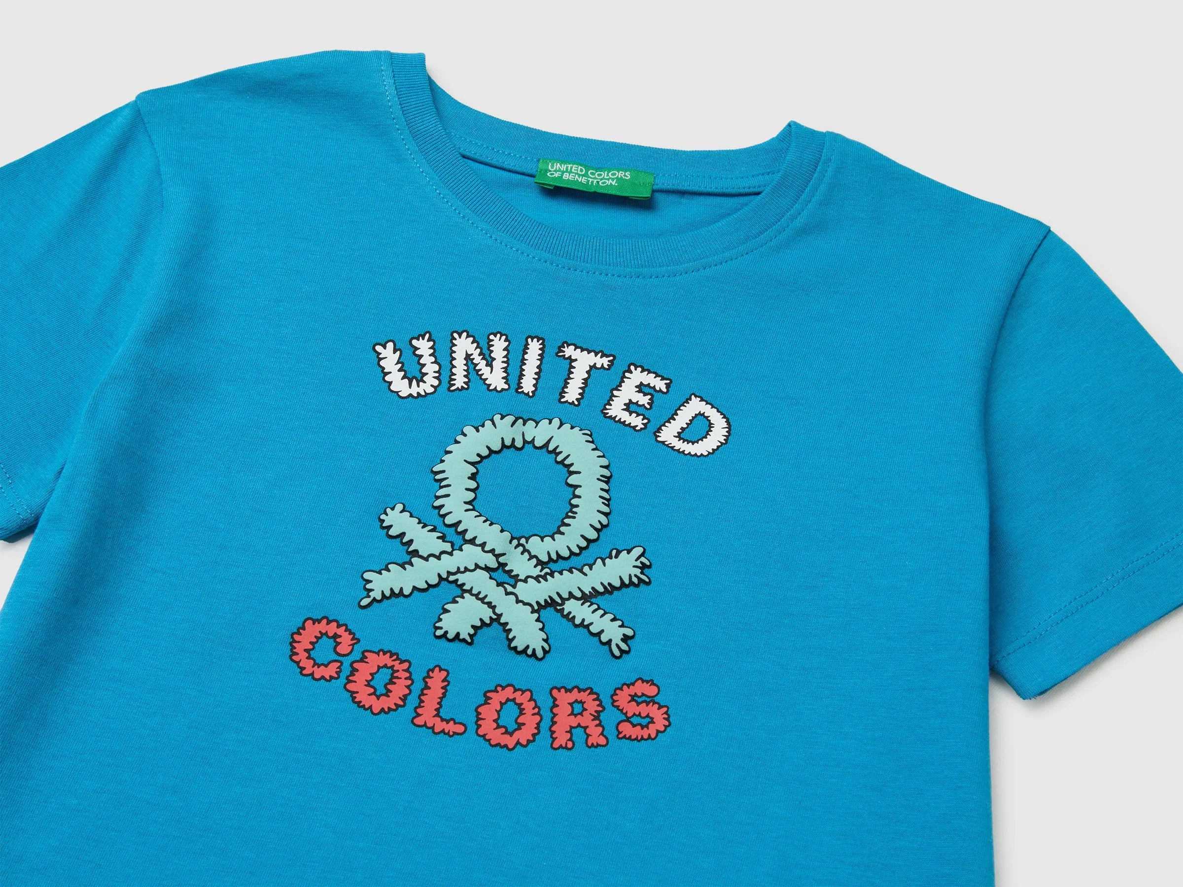 Benetton Blue Boys Organic Cotton T-Shirt with Logo Print SKU: 3I1XG10MX_051 Image 03