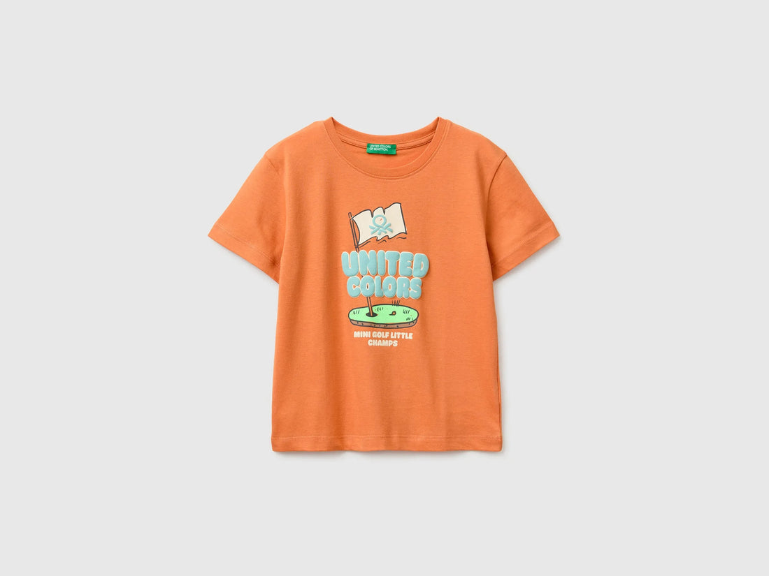 Benetton Orange Boys Organic Cotton T-Shirt with Logo Print SKU: 3I1XG10MX_0D1 Image 01