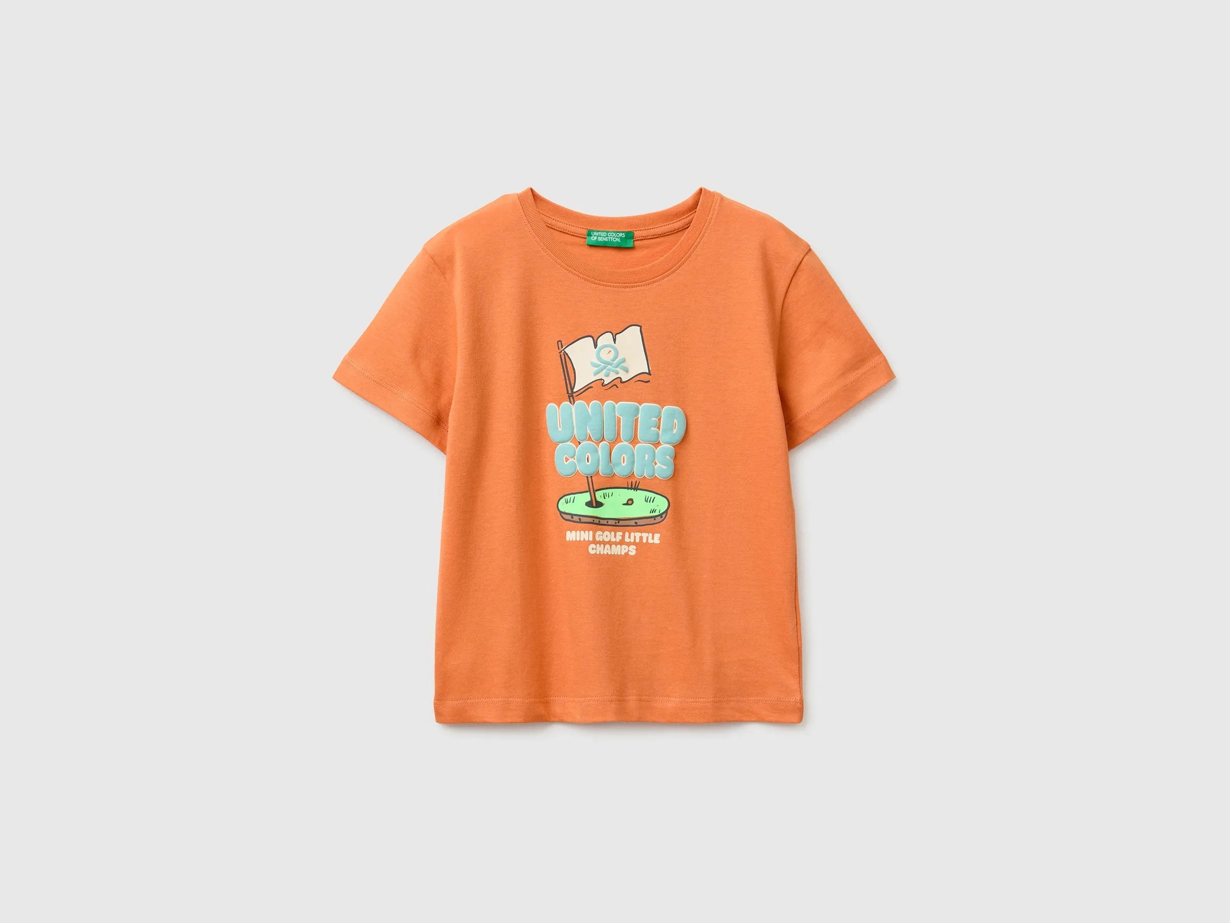 Benetton Orange Boys Organic Cotton T-Shirt with Logo Print SKU: 3I1XG10MX_0D1 Image 01