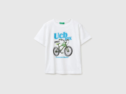Benetton White Boys Organic Cotton T-Shirt with Logo Print SKU: 3I1XG10MX_101 Image 01