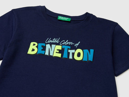 Benetton Blue Boys Organic Cotton T-Shirt with Logo Print SKU: 3I1XG10MX_252 Image 03