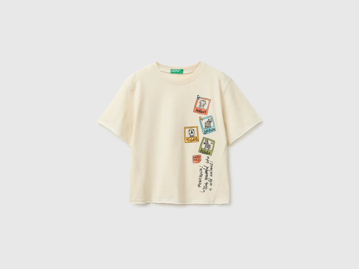 Benetton Beige Boys Soft T-Shirt with Print SKU: 3I1XG10MZ_3C9 Image 01