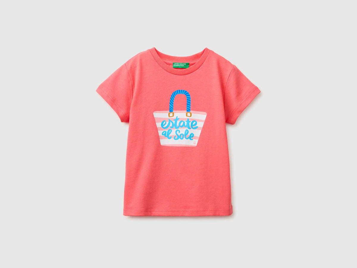 Benetton Orange Coral Girls Regular Fit T-Shirt with Print SKU: 3I1XG10N5_35Q Image 01