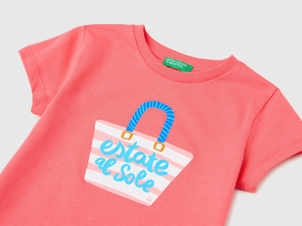 Benetton Orange Coral Girls Regular Fit T-Shirt with Print SKU: 3I1XG10N5_35Q Image 03