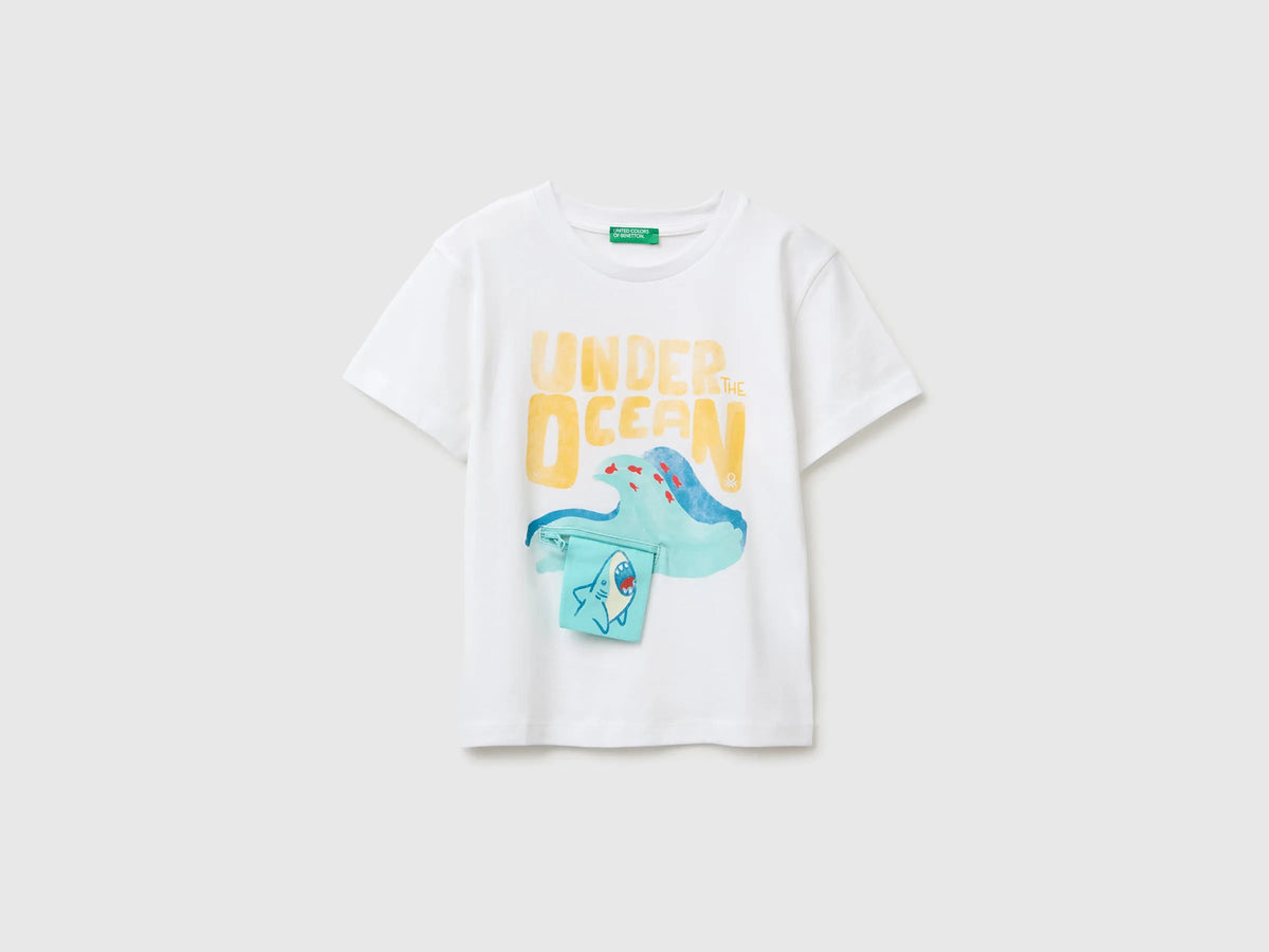 Benetton White Boys Printed T-Shirt with Zip SKU: 3I1XG10NB_101 Image 01