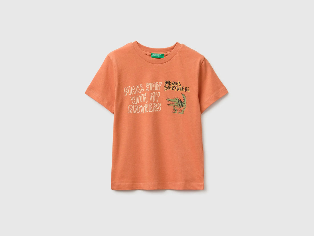 Benetton Orange Boys Crew Neck T-Shirt with Print SKU: 3I1XG10NC_0D1 Image 01