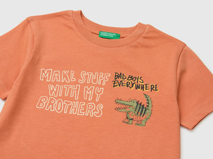 Benetton Orange Boys Crew Neck T-Shirt with Print SKU: 3I1XG10NC_0D1 Image 03