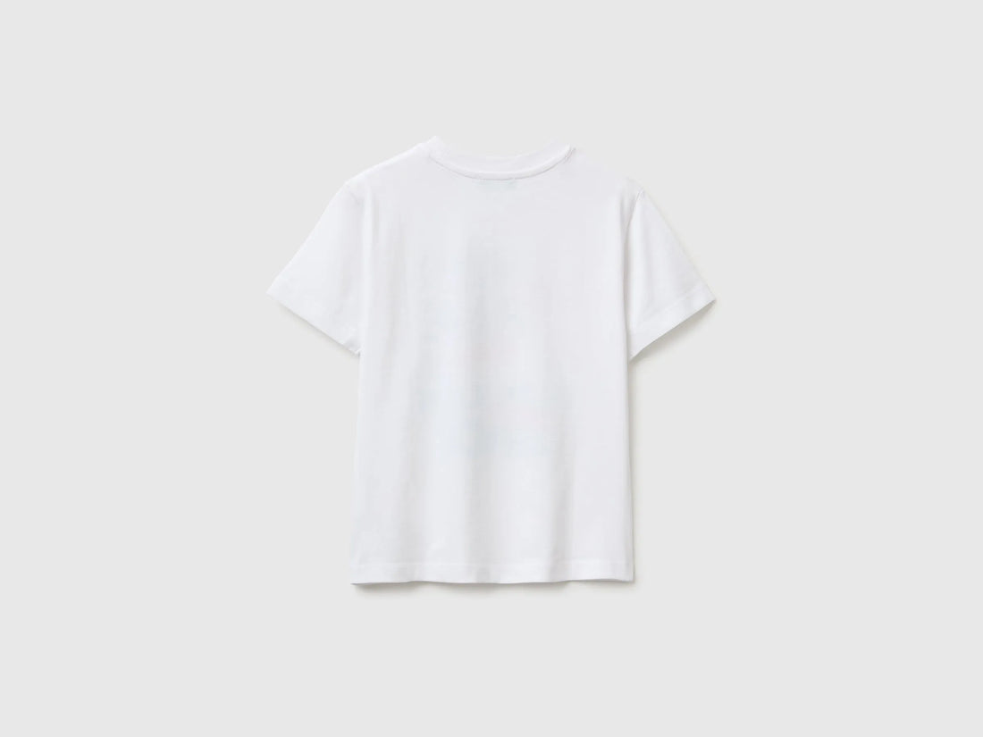 Benetton White Boys Crew Neck T-Shirt with Print SKU: 3I1XG10NC_101 Image 02