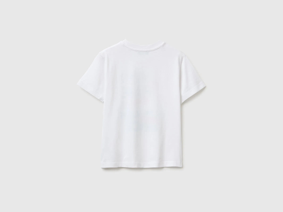 Benetton White Boys Crew Neck T-Shirt with Print SKU: 3I1XG10NC_101 Image 02