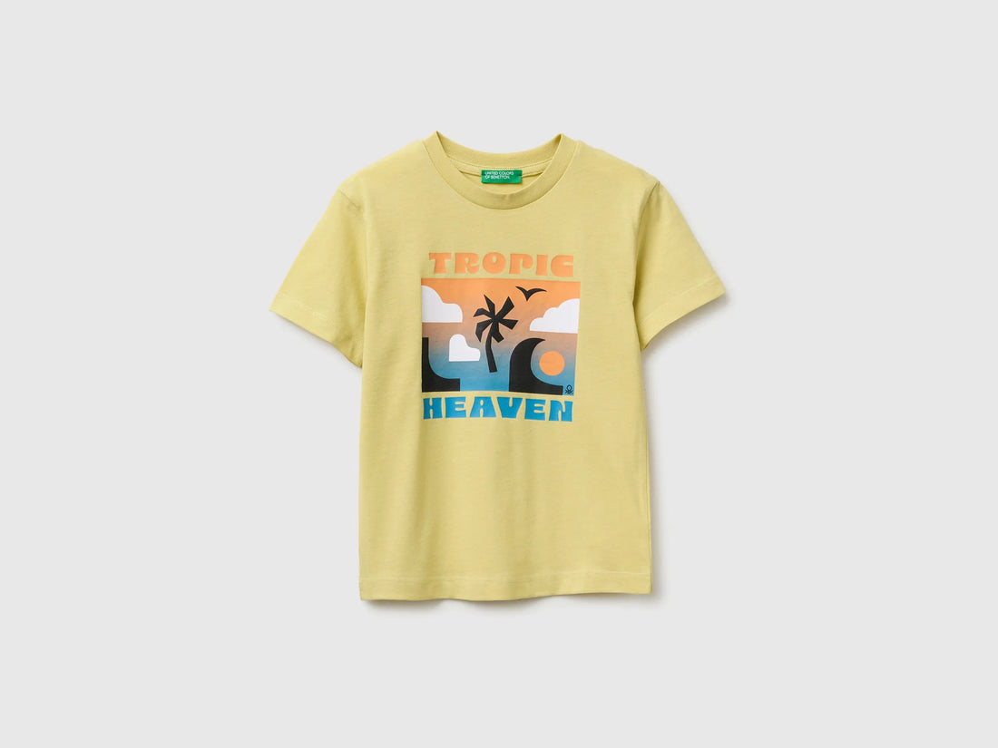 Benetton Yellow Boys Crew Neck T-Shirt with Print SKU: 3I1XG10NC_228 Image 01