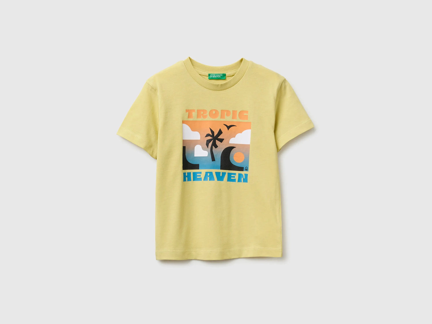 Benetton Yellow Boys Crew Neck T-Shirt with Print SKU: 3I1XG10NC_228 Image 01