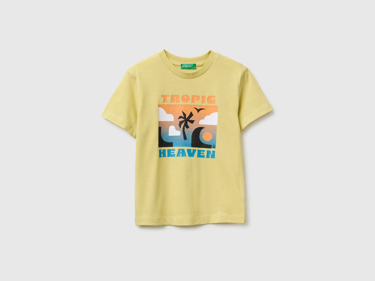 Benetton Yellow Boys Crew Neck T-Shirt with Print SKU: 3I1XG10NC_228 Image 01