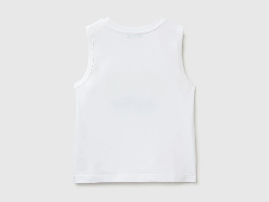 Benetton White Boys Organic Cotton Tank Top with Logo Print SKU: 3I1XGH015_101 Image 02
