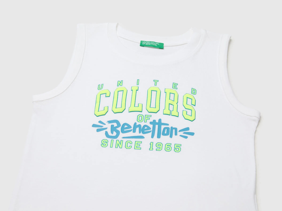 Benetton White Boys Organic Cotton Tank Top with Logo Print SKU: 3I1XGH015_101 Image 03
