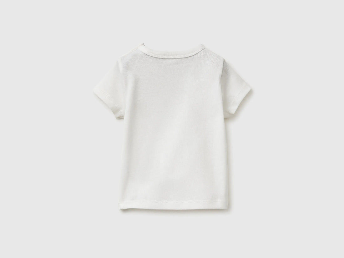 Benetton Creamy White New Born Logo Print T-Shirt in Organic Cotton SKU: 3I9WA1072_074 Image 02