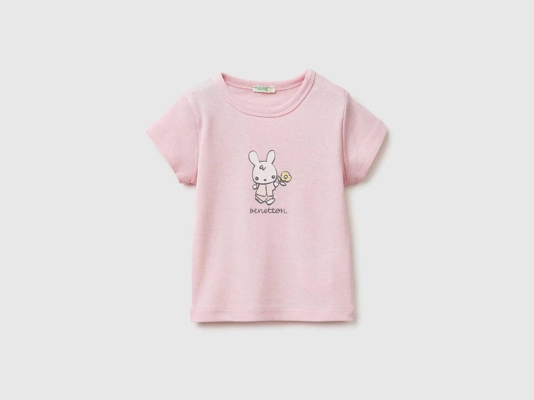 Benetton Pink New Born Logo Print T-Shirt in Organic Cotton SKU: 3I9WA1072_25F Image 01