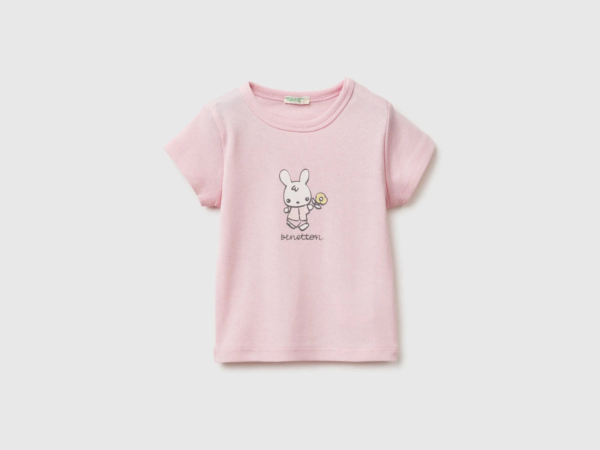 Benetton Pink New Born Logo Print T-Shirt in Organic Cotton SKU: 3I9WA1072_25F Image 01
