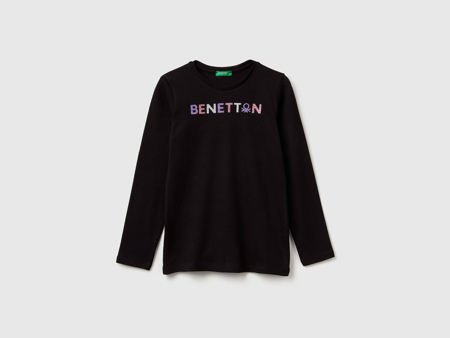Benetton_Black_Long Sleeve T-Shirt with Glitter Print_3I9WC10JR_100_01