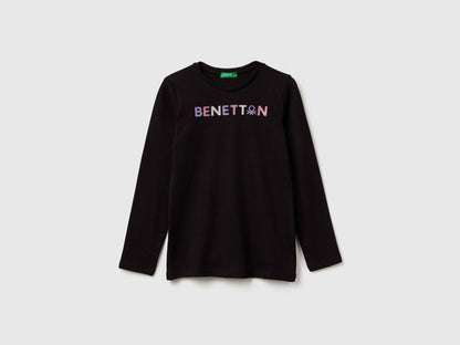Benetton_Black_Long Sleeve T-Shirt with Glitter Print_3I9WC10JR_100_01