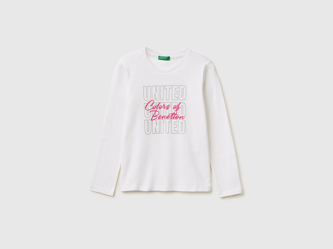 Benetton White Girls T-Shirt with Glittery Logo in Organic Cotton SKU: 3I9WC10S7_101 Image 01