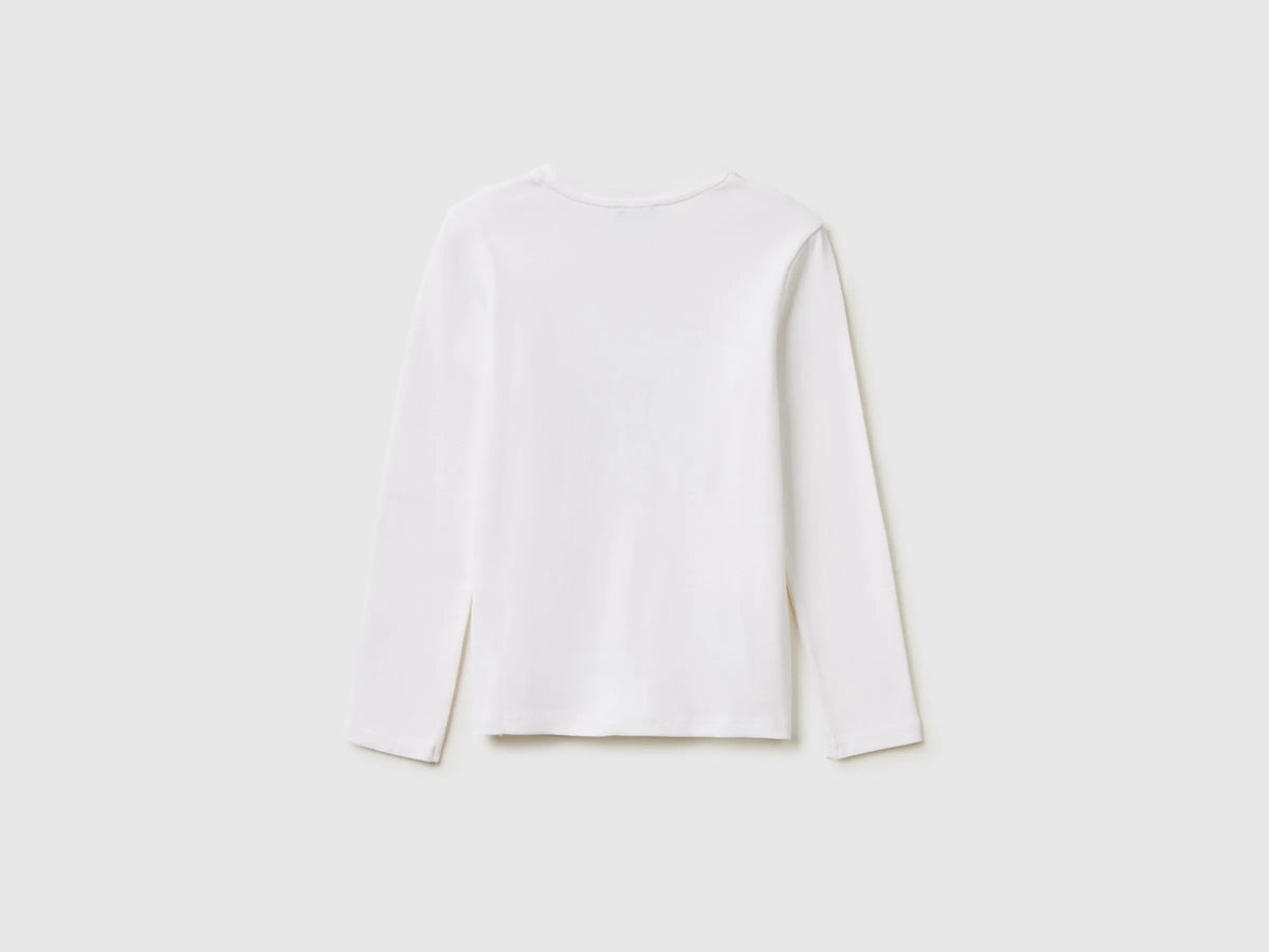 Benetton White Girls T-Shirt with Glittery Logo in Organic Cotton SKU: 3I9WC10S7_101 Image 02