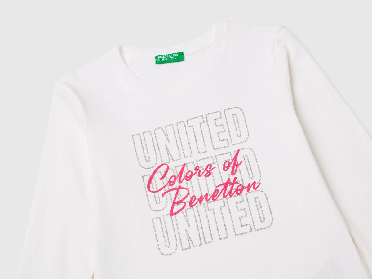 Benetton White Girls T-Shirt with Glittery Logo in Organic Cotton SKU: 3I9WC10S7_101 Image 03