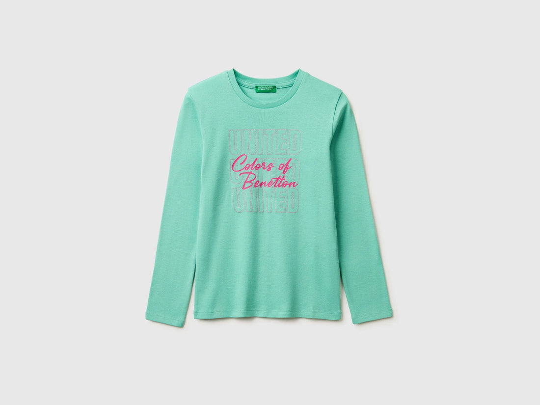 Benetton Aqua Girls T-Shirt with Glittery Logo in Organic Cotton SKU: 3I9WC10S7_13D Image 01