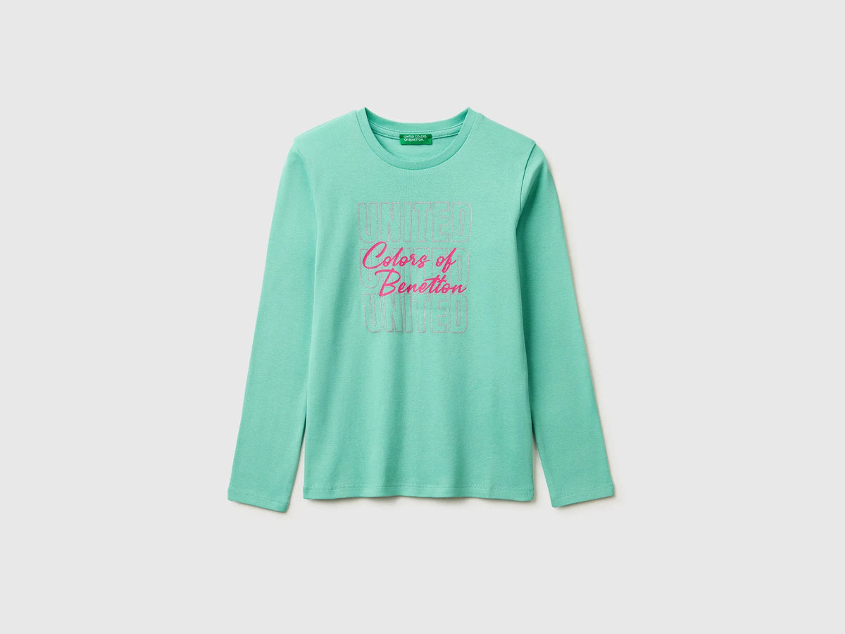 Benetton Aqua Girls T-Shirt with Glittery Logo in Organic Cotton SKU: 3I9WC10S7_13D Image 01