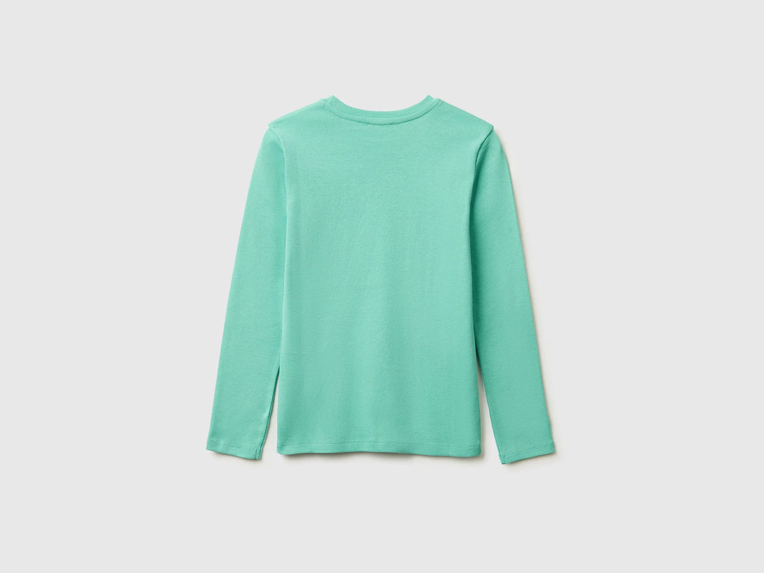 Benetton Aqua Girls T-Shirt with Glittery Logo in Organic Cotton SKU: 3I9WC10S7_13D Image 02