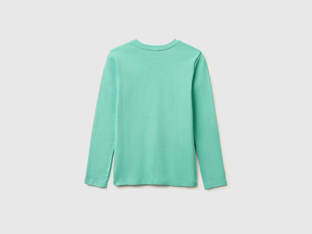 Benetton Aqua Girls T-Shirt with Glittery Logo in Organic Cotton SKU: 3I9WC10S7_13D Image 02