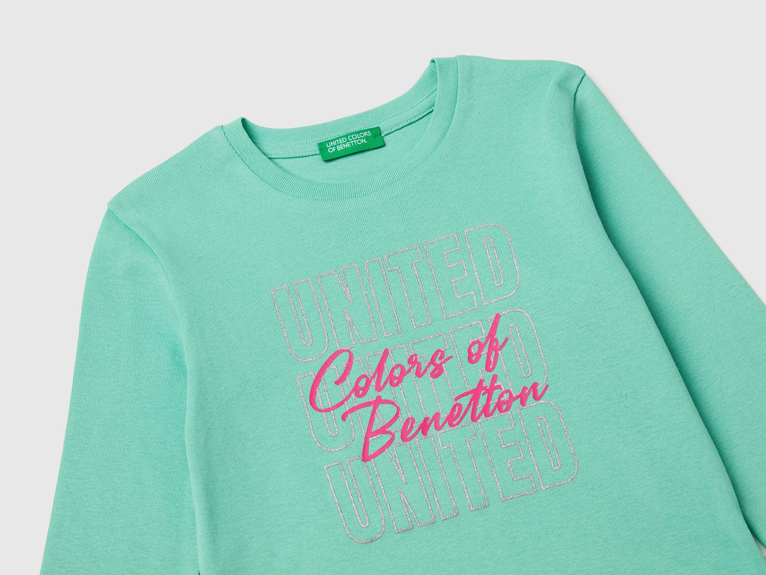 Benetton Aqua Girls T-Shirt with Glittery Logo in Organic Cotton SKU: 3I9WC10S7_13D Image 03