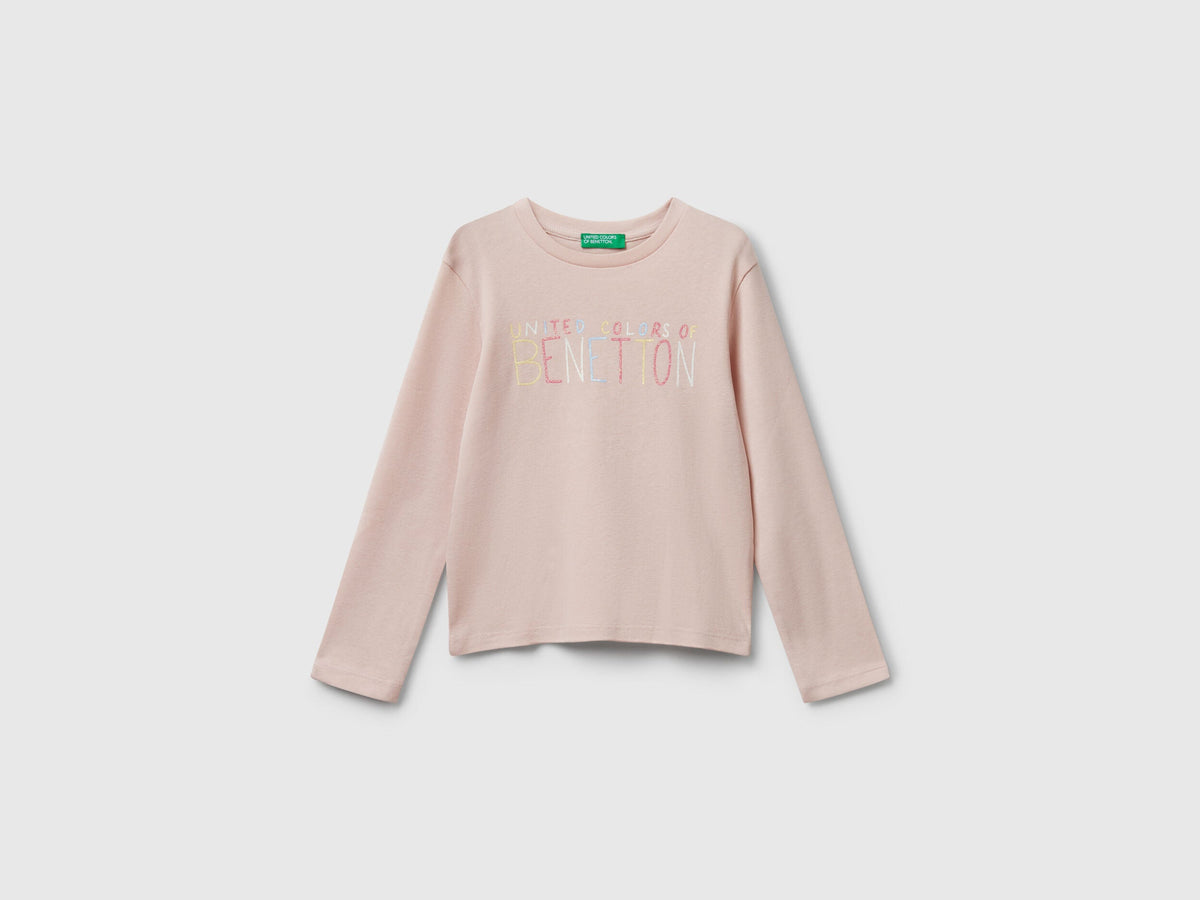 Benetton_Soft Pink_T-Shirt with Glittery Logo in Cotton_3I9WG10JS_12U_01
