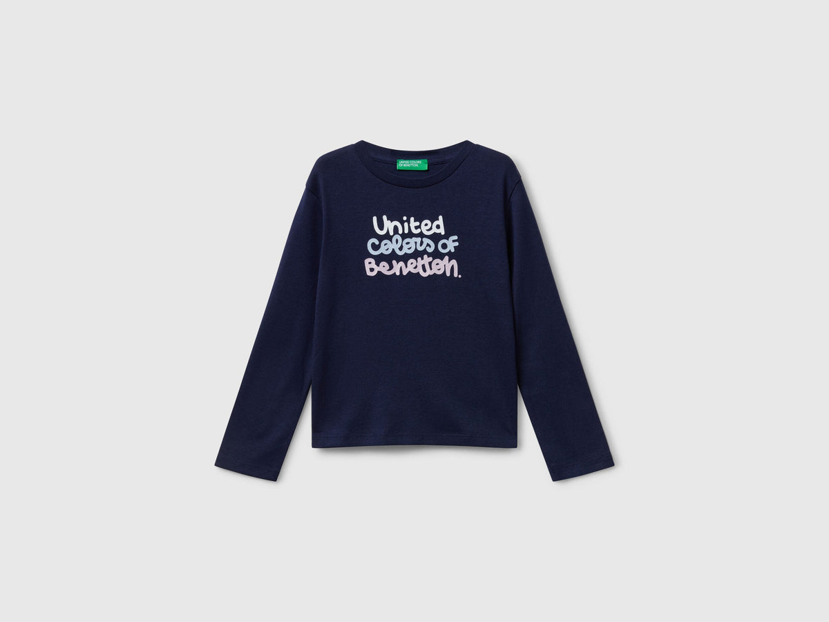 Benetton_Dark Blue_T-Shirt with Glittery Logo in Cotton_3I9WG10JS_252_01