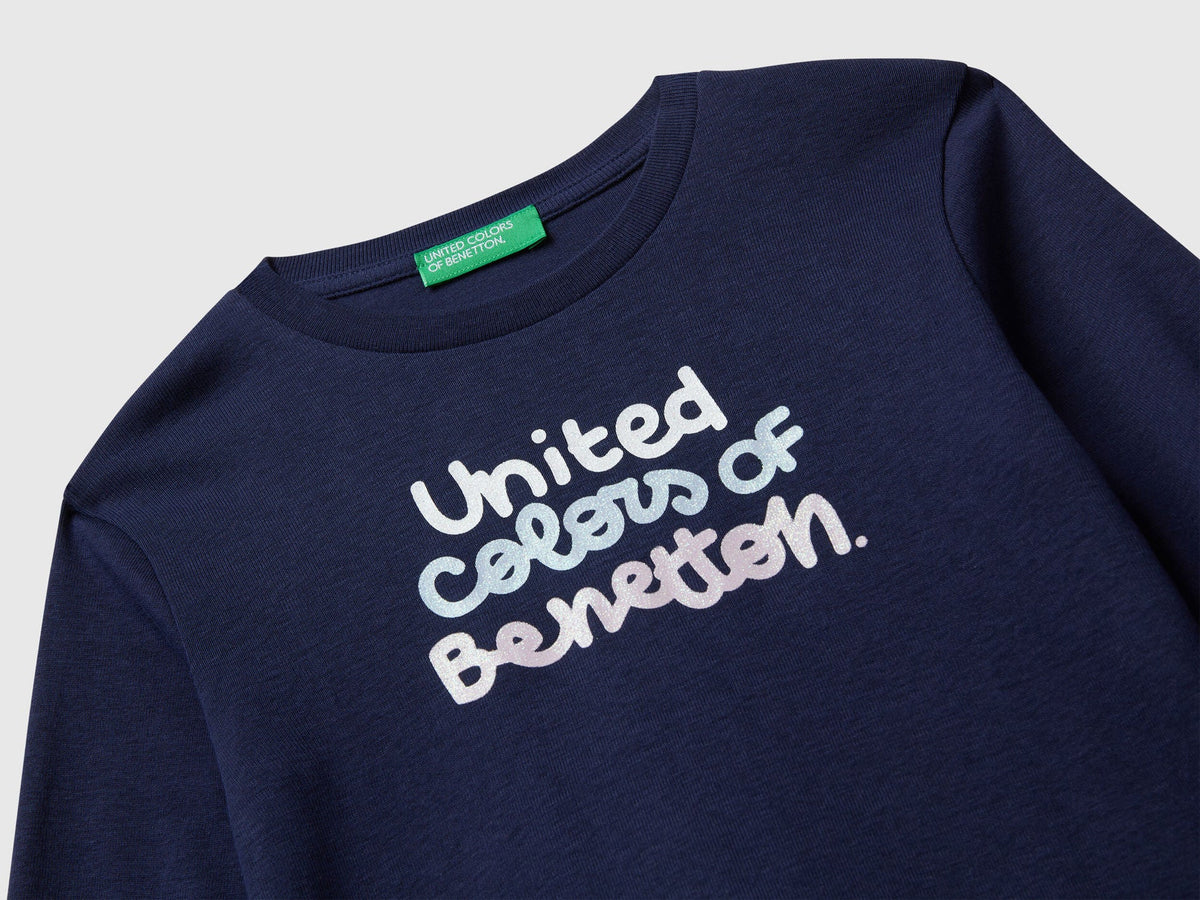Benetton_Dark Blue_T-Shirt with Glittery Logo in Cotton_3I9WG10JS_252_03