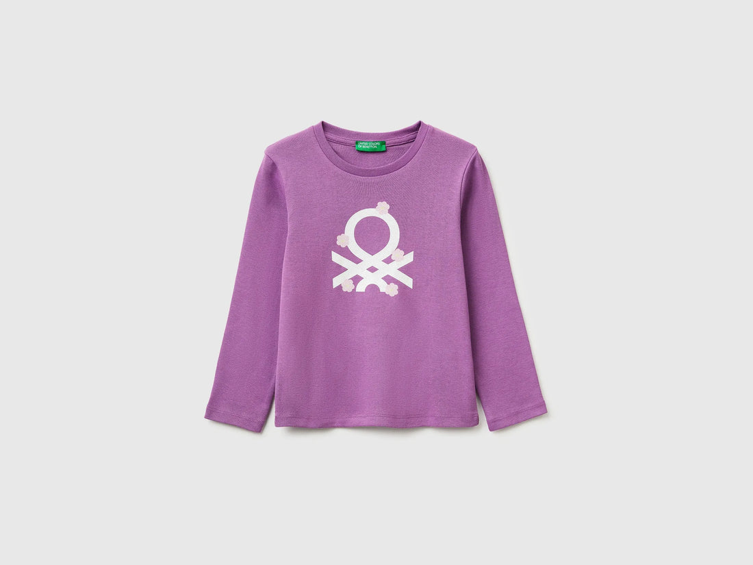 Benetton Purple Girls T-Shirt in Organic Cotton with Glittery Logo SKU: 3I9WG10LT_03L Image 01