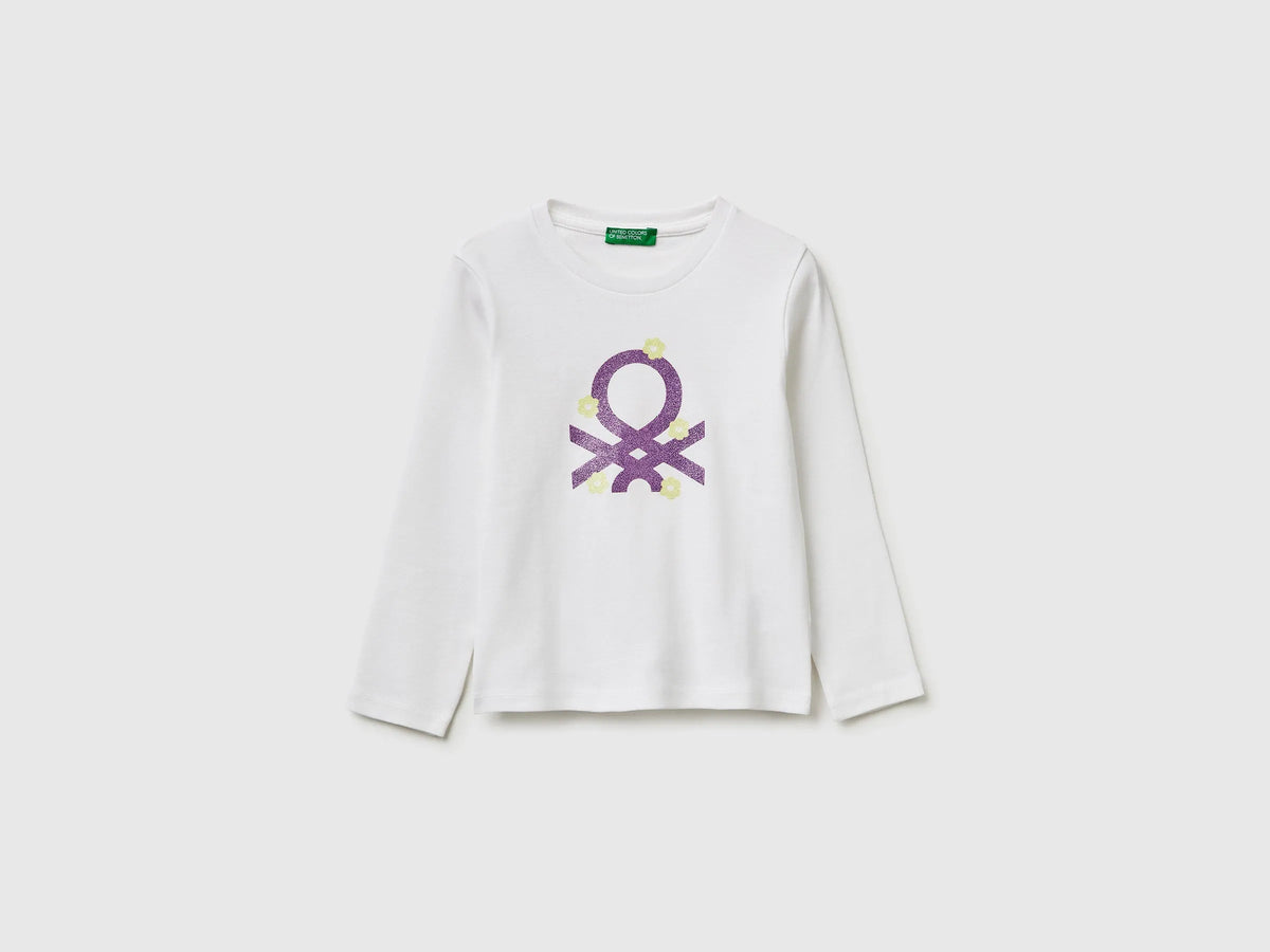 Benetton White Girls T-Shirt in Organic Cotton with Glittery Logo SKU: 3I9WG10LT_101 Image 01