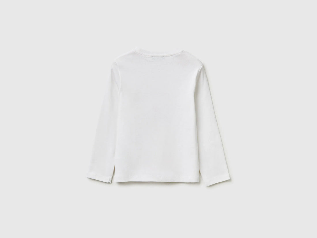 Benetton White Girls T-Shirt in Organic Cotton with Glittery Logo SKU: 3I9WG10LT_101 Image 02
