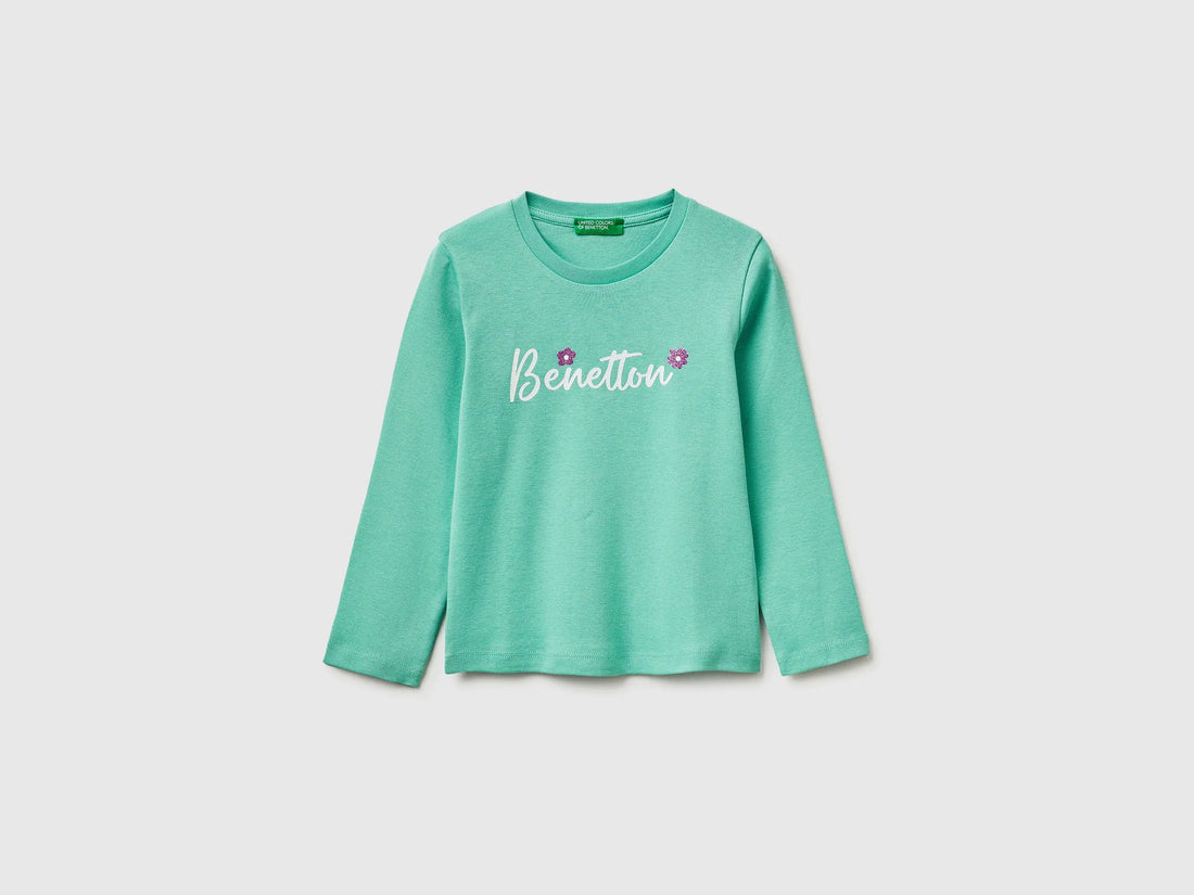 Benetton Aqua Girls T-Shirt in Organic Cotton with Glittery Logo SKU: 3I9WG10LT_13D Image 01