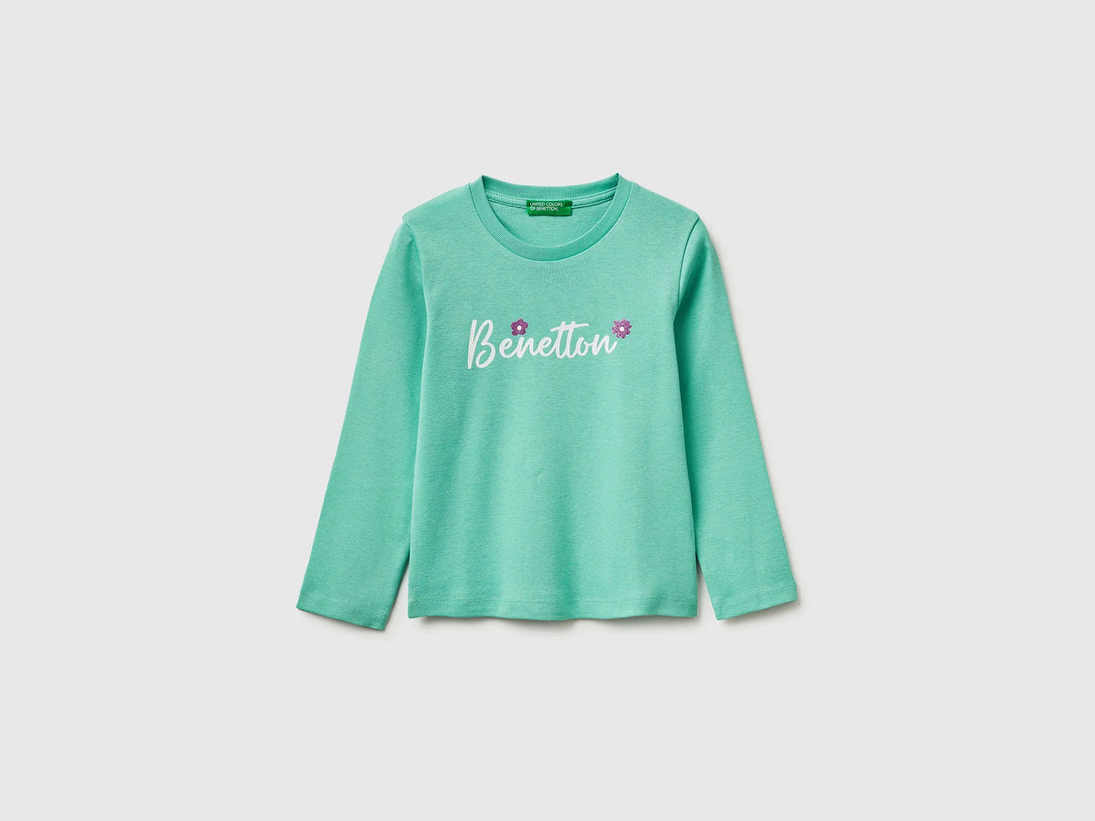 Benetton Aqua Girls T-Shirt in Organic Cotton with Glittery Logo SKU: 3I9WG10LT_13D Image 01