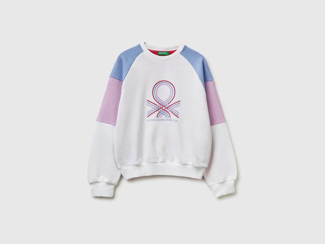 Benetton White Girls Cotton Sweatshirt with Logo SKU: 3J68C10S5_901 Image 01