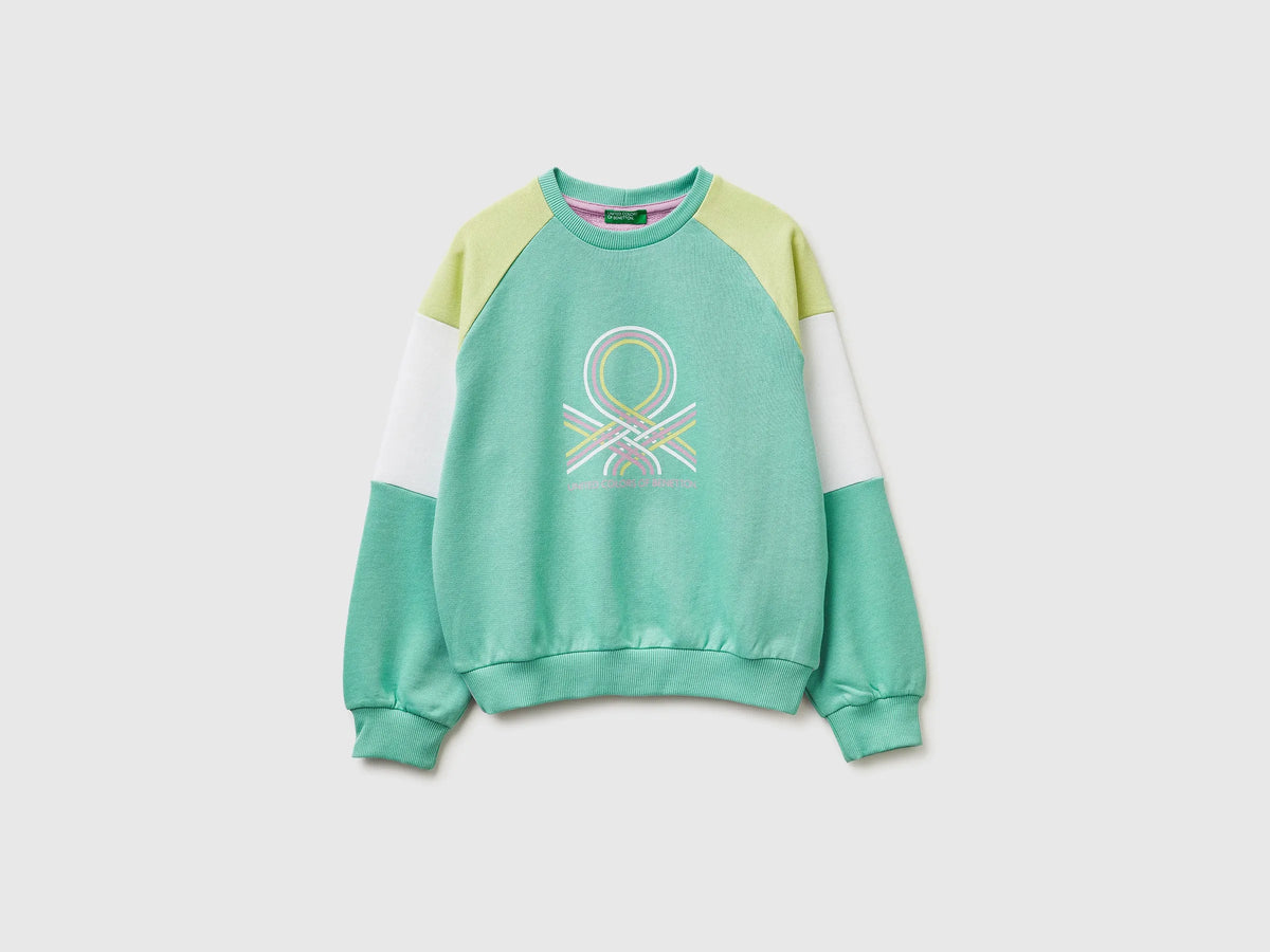 Benetton Aqua Girls Cotton Sweatshirt with Logo SKU: 3J68C10S5_902 Image 01