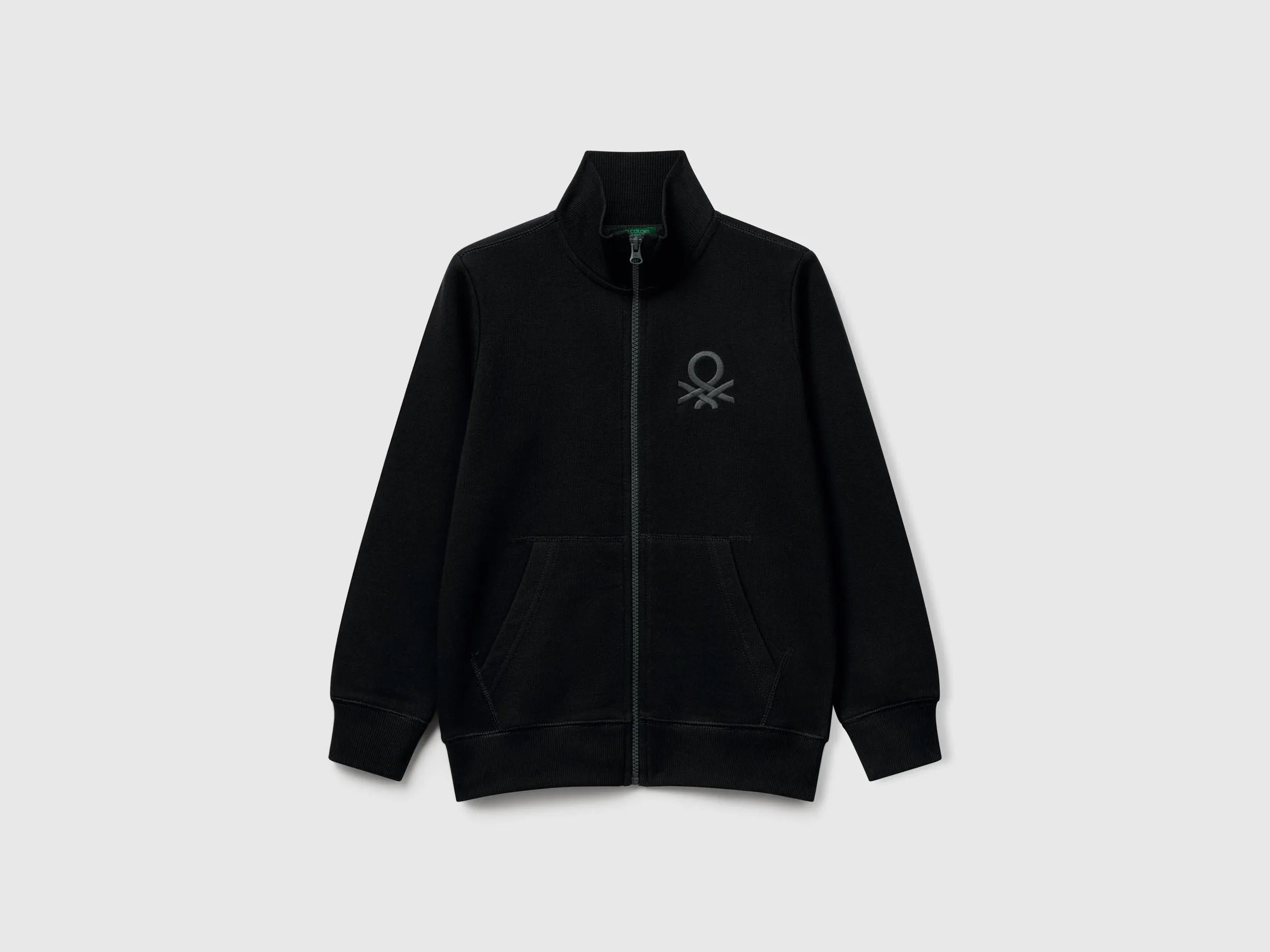 Benetton Black Boys Pure Cotton Sweatshirt with Zipper SKU: 3J68C501B_100 Image 01