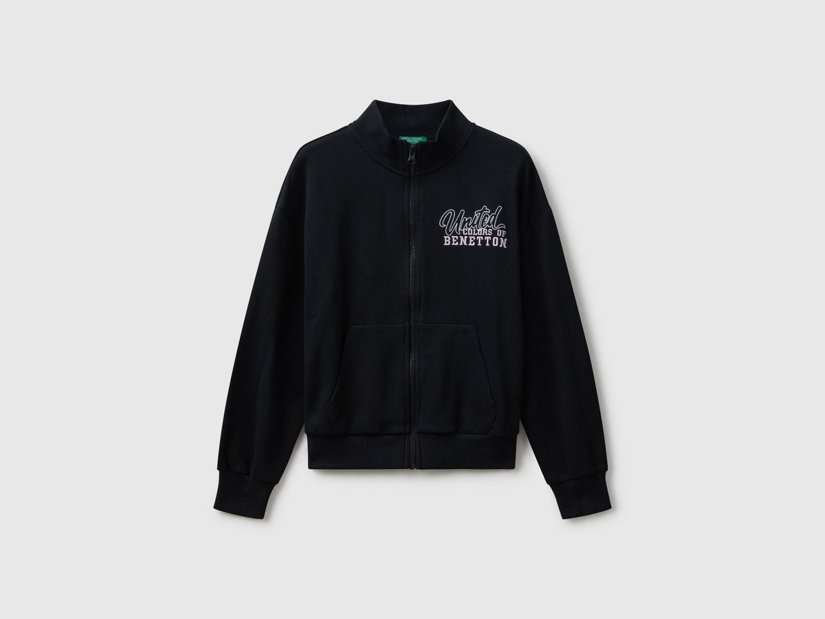 Benetton_Black_Zip-Up Sweatshirt with Print_3J68C505D_100_01